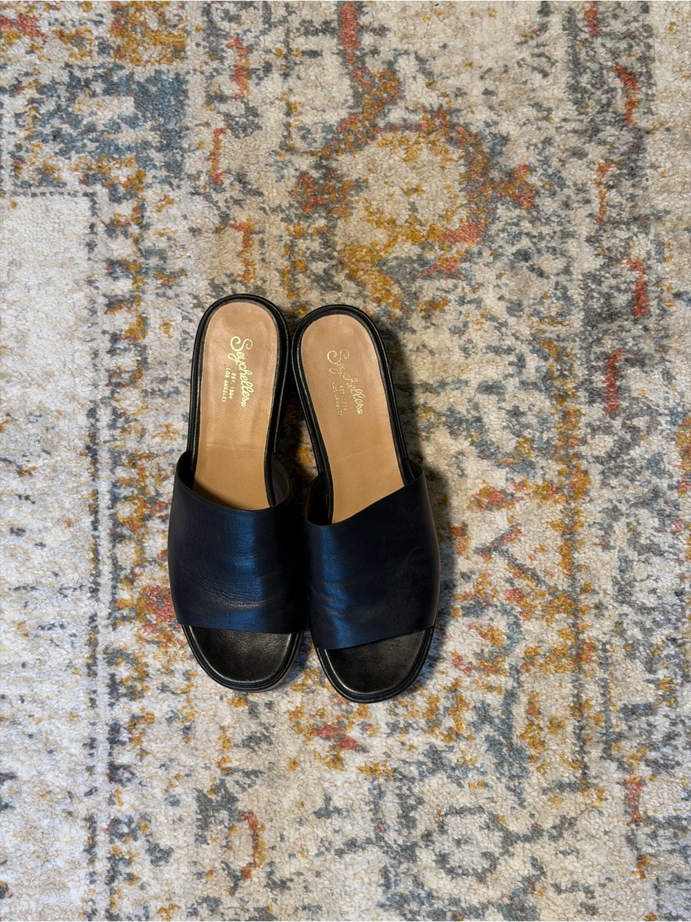 Seychelles Black Leather Slide Mules